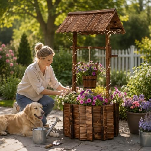 54" Outdoor Wooden Wishing Well Planter - Image 3