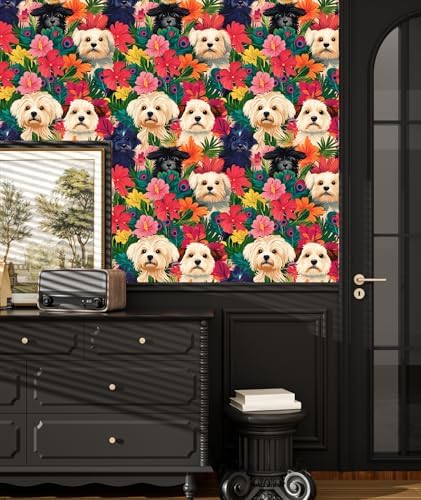 BOKEBEVE Dogs Floral Wallpaper Peel and Stick Boho Colorful 17.5 x 393.5In - Image 2