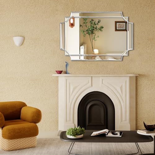 HQiJun Silver Mirror for Wall, 36x24 Wood Framed, Scalloped Beveled Polished by HQiJun