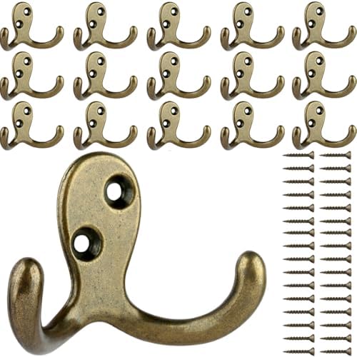 IBosins 16 Pack Antique Brass Double Prong Coat Hooks by IBosins