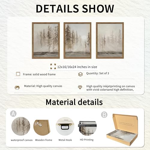 Framed Vintage Forest Wall Art Set of 3, Neutral Tree Landscape Canvas Wall - Image 4