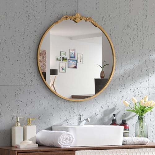 Round Gold Mirror 24.5in Ornate Baroque Antique Bathroom Mirror Large Circle - Image 3