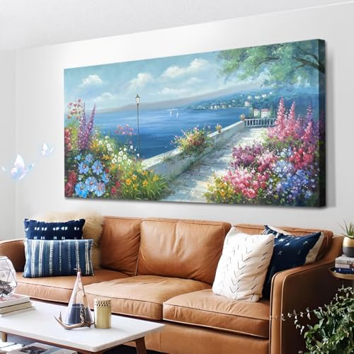 Arjun Blue Coastal Landscape Canvas Wall Art Ocean Large Framed 48"x24" - Image 4