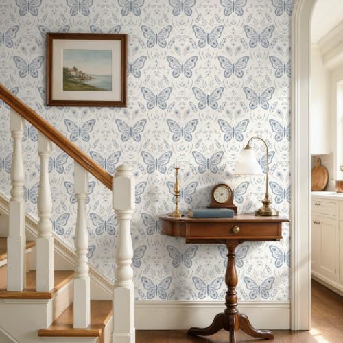 Laatse Symmetrical Butterfly Wallpaper Peel and Stick 17.5"x118", Cream Blue - Image 3
