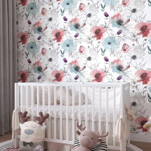 Laatse Blue Pink Watercolor Floral Peel and Stick Wallpaper 17.5"x118" - Image 5
