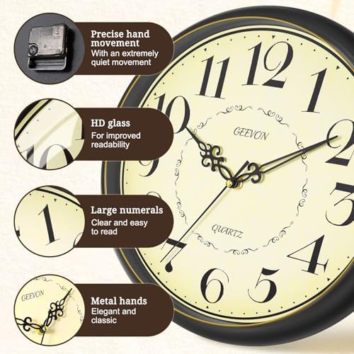 Geevon 12" Silent Wall Clock, Retro Battery Operated Decorative Clock - Image 3