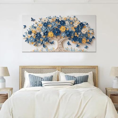 Blue Yellow Floral Tree Of Life Butterfly Canvas Wall Art Decor 24" X 48" - Image 4