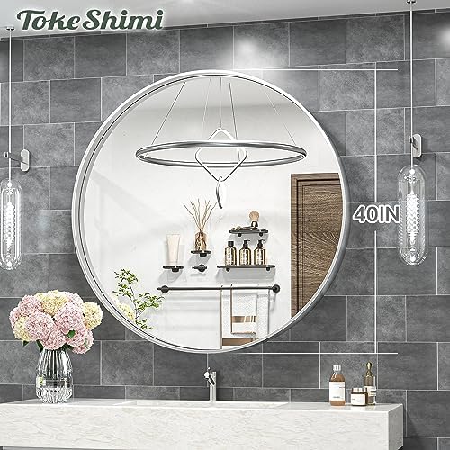 TokeShimi 40 Inch Round Silver Bathroom Vanity Mirror - Image 3