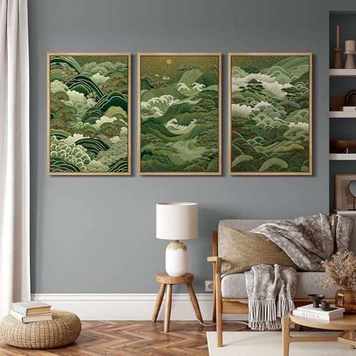 MUDECOR Framed Canvas Print Wall Art Japanese Forest Landscape Green Waves and - Image 4