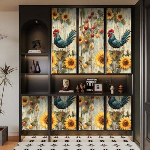 Sunflowers Rooster Peel and Stick Wallpaper Artistic Wood Vintage Pattern - Image 6
