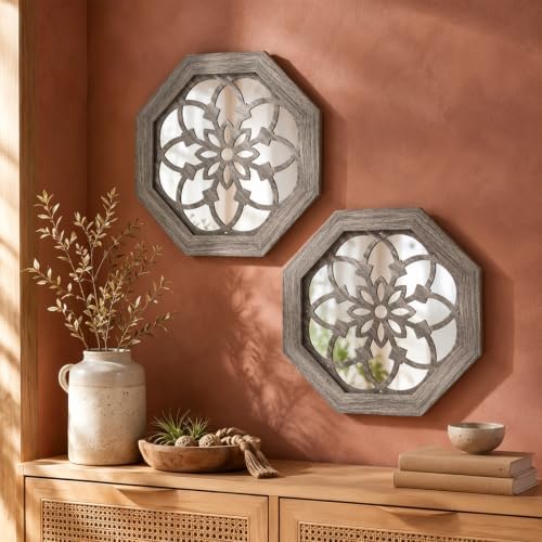2 Pack 12 Inch Octagon Brown Rustic Wood Frame Acrylic Wall Mirrors, Farmhouse by HMANGE