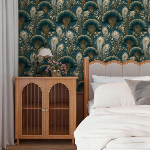 Stickorama Teal Gold Peacock Feather Floral Peel and Stick Wallpaper Self - Image 5