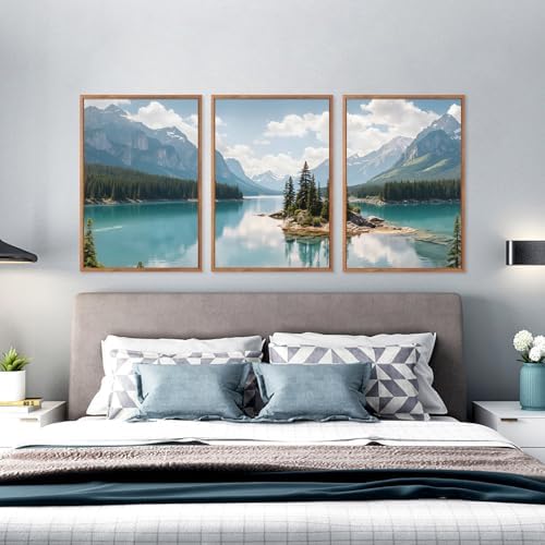 HLNIUC Lake Mountain Landscape Framed Canvas Wall Art, Large Pine Tree Forest - Image 3
