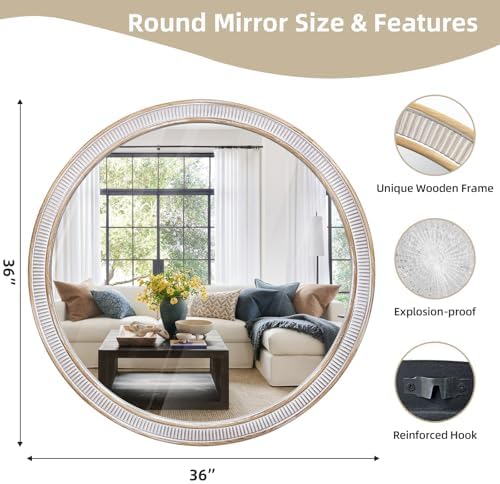 36 Inch Large Round Wood Mirror, Farmhouse Bathroom Mirrors - Image 2