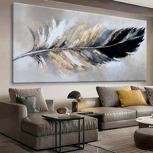 YISXINOAG Black Gold Abstract Wall Art Minimalist Feather Large 35"X70" by YISXINOAG