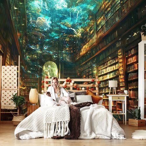 Teal Brown 3D Wall Mural Wallpaper Fantasy Library Books Person Sci Fi Style - Image 3