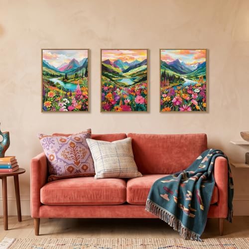 Boho Wildflower Framed Canvas Wall Art, Abstract Mountain Landscape Wall Decor by Unknown