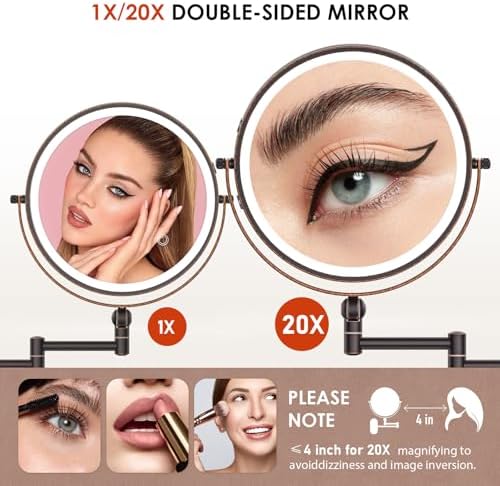 9" Wall Mounted Lighted Makeup Mirror, 4000mAh Rechargeable Double Sided 1X/20X - Image 3