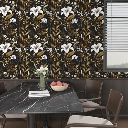 Laatse Vintage Dark Black Golden Floral Peel and Stick Wallpaper 17.5"x787" - Image 7