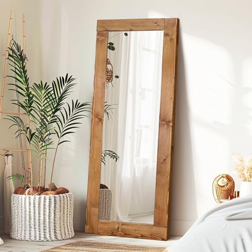 65x24in Full Length Mirror, Solid Wood Convex Frame, Light Brown - Image 4