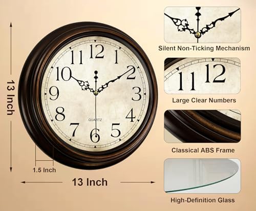 13 Inch Vintage Wall Clock, Silent Analog Clock Battery Operated - Image 3