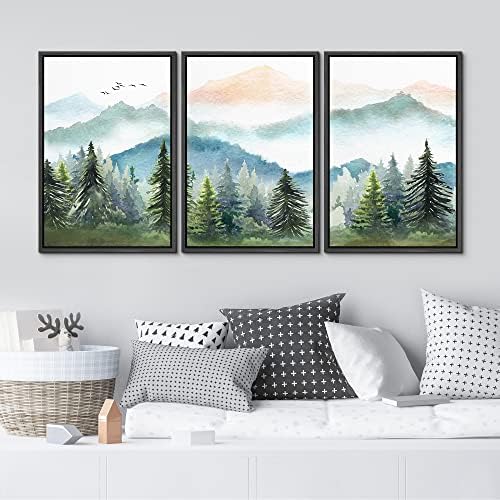 MUDECOR Framed Canvas Print Wall Art Set Watercolor Pastel Mountain Range Pine - Image 3