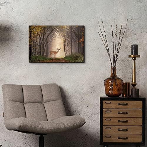 Wild Animal Landscape Canvas Wall Art Deer in Autumn Foggy Forest Picture Wall - Image 6