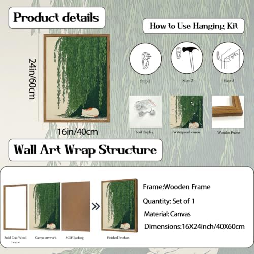 Japanese Cat Wall Art, Cat Under Willow Tree Wall Decor Painting Japan Zen Calm - Image 4