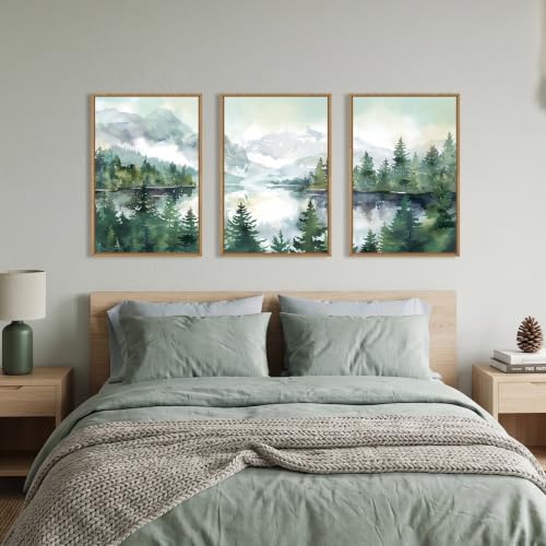 Watercolor Mountain Forest Framed Canvas Wall Art Set-24"x36"x3 - Image 4