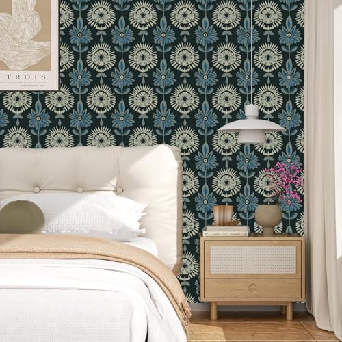 BOKEBEVE Boho Floral Peel and Stick Wallpaper Dark Green 17.5 x 118In - Image 3