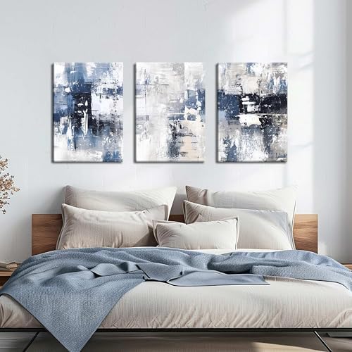 Abstract Blue and White Wall Art Set of 3, Modern Simple Navy Framed Canvas - Image 4
