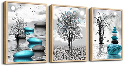 DZRWUBHS Framed Canvas Wall Art, Abstract Blue Prints, Ready to Hang, Living by DZRWUBHS