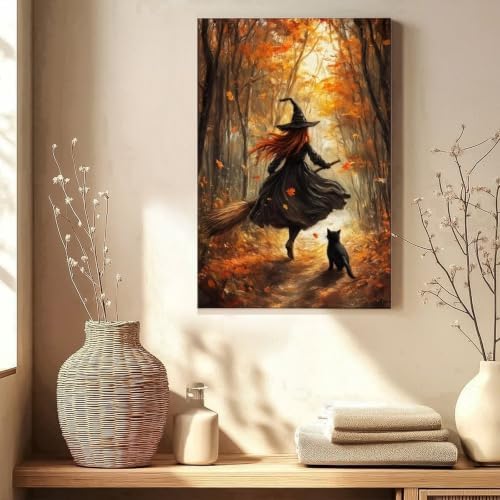 Forest Witch Black Cat Canvas Wall Art, Autumn Halloween Witch Poster Decor - Image 4