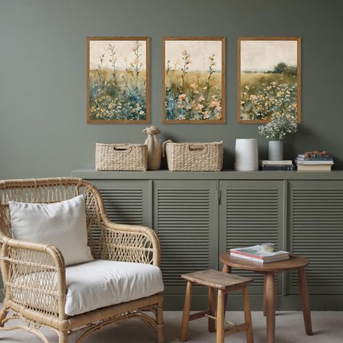 AVECCO 3 Pieces Vintage Wildflower Field Wall Art Framed Canvas 12x16 inch - Image 3