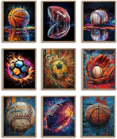 Msvenors Sports Canvas Wall Art Set of 9, Graffiti Style Basketball Baseball by Unknown