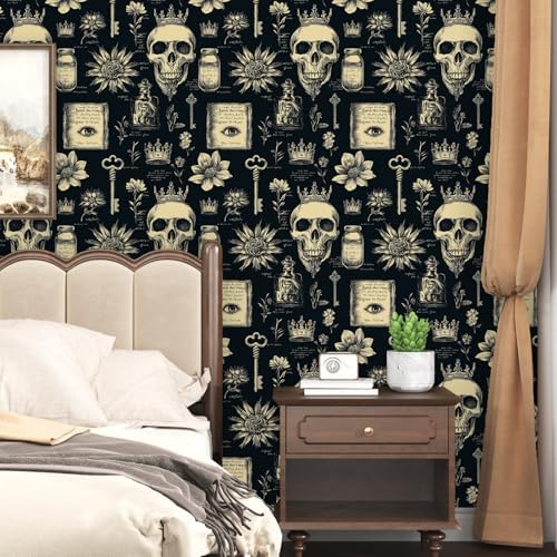 Laatse Gothic Black Beige Skull Floral Wallpaper Peel and Stick 17.5"x118" - Image 2