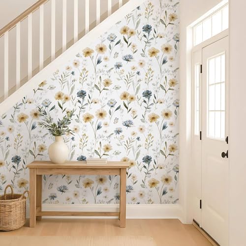 Ismoon Floral Peel and Stick Wallpaper Boho Wallpaper 17.3in x 6.56ft Blue and - Image 6