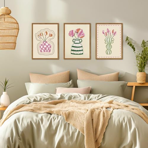 Framed Boho Floral Canvas Wall Art Set of 3, Abstract Botanical Pictures Prints - Image 4