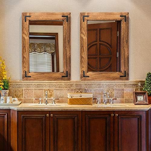 YOSHOOT Rustic Wooden Framed Wall Mirror, Natural Wood Bathroom Vanity Mirror - Image 5