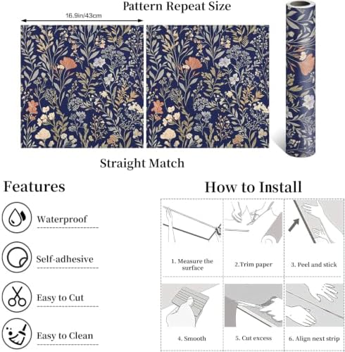 Froluya Dark Blue Floral Peel and Stick Wallpaper Vintage Floral Wallpaper - Image 5
