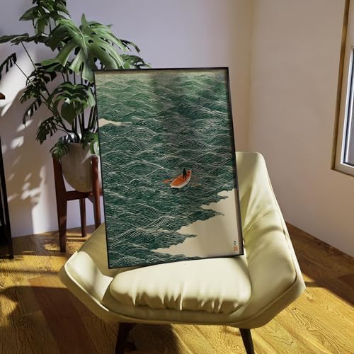 Vintage Japanese Canvas Wall Art Emerald Green Boat At Sea Posters Minimalist - Image 3