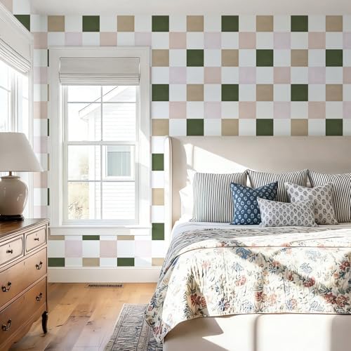 Ismoon Modern Peel and Stick Wallpaper Pink and Green Checkered Contact Paper - Image 6