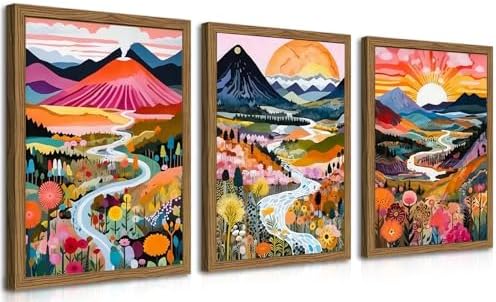Wood Frame Boho Colorful Wall Art, Modern Flower Aesthetic Posters Prints by fancynewWallArt