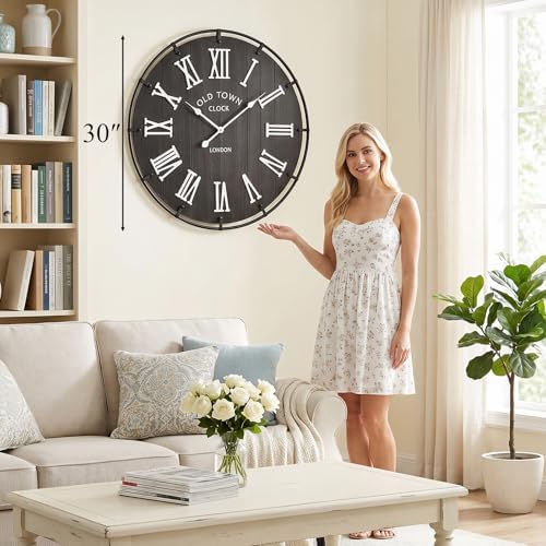 EMAX HOME Inch Large Black Wall Clock, Rustic Distressed Wooden Dial - Image 3