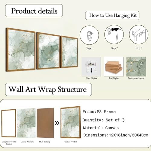 Framed Sage Green Wall Art Set of 3, Abstract Green Wall Decor Living Room - Image 7