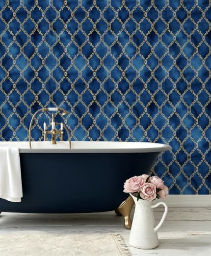 HAOKHOME Geometric Peel and Stick Wallpaper Teal Blue Art Deco Moroccan - Image 3