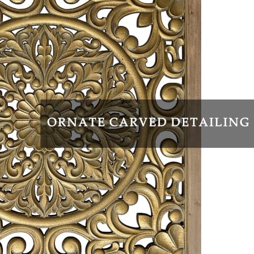 XIAOAIKA Boho Carved Wood Wall Art Panel, Floral Mandala, Distressed Gold - Image 3