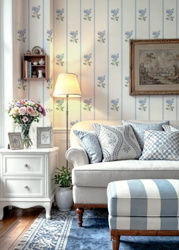 Guvana Peel and Stick Wallpaper Blue Stripe Wall Paper Floral Contact Paper - Image 3