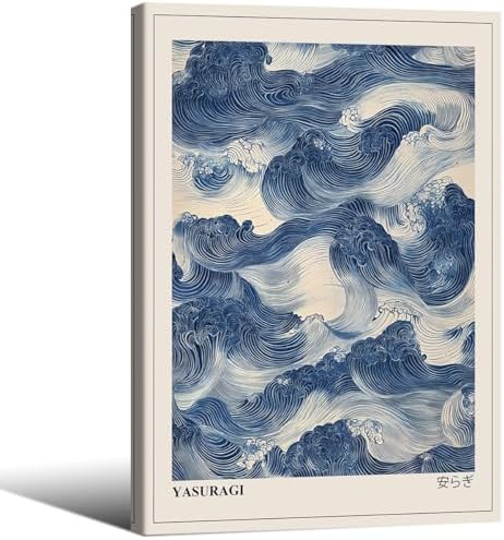 Japanese Blue Waves Wall Art Vintage Oriental Japandi Wabi Sabi Poster 24X36 by rumlud