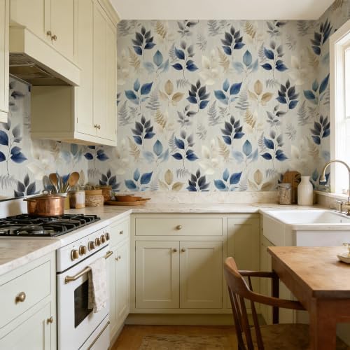 Watercolor Neutral Blue Gold Leaf Peel and Stick Wallpaper Self Adhesive 17.72" - Image 6